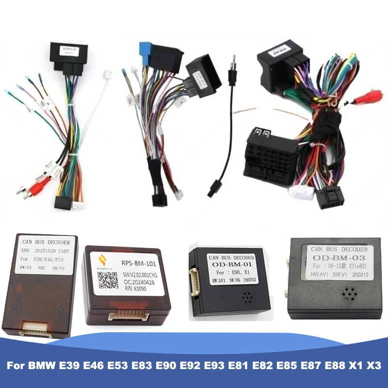 For BMW E39 E46 E53 E83 E90 E92 E93 E81 E82 E85 E87 E88 X1 X3 16 PIN Wiring Harness Power Cable Car Radio Canbus Box Decoder
