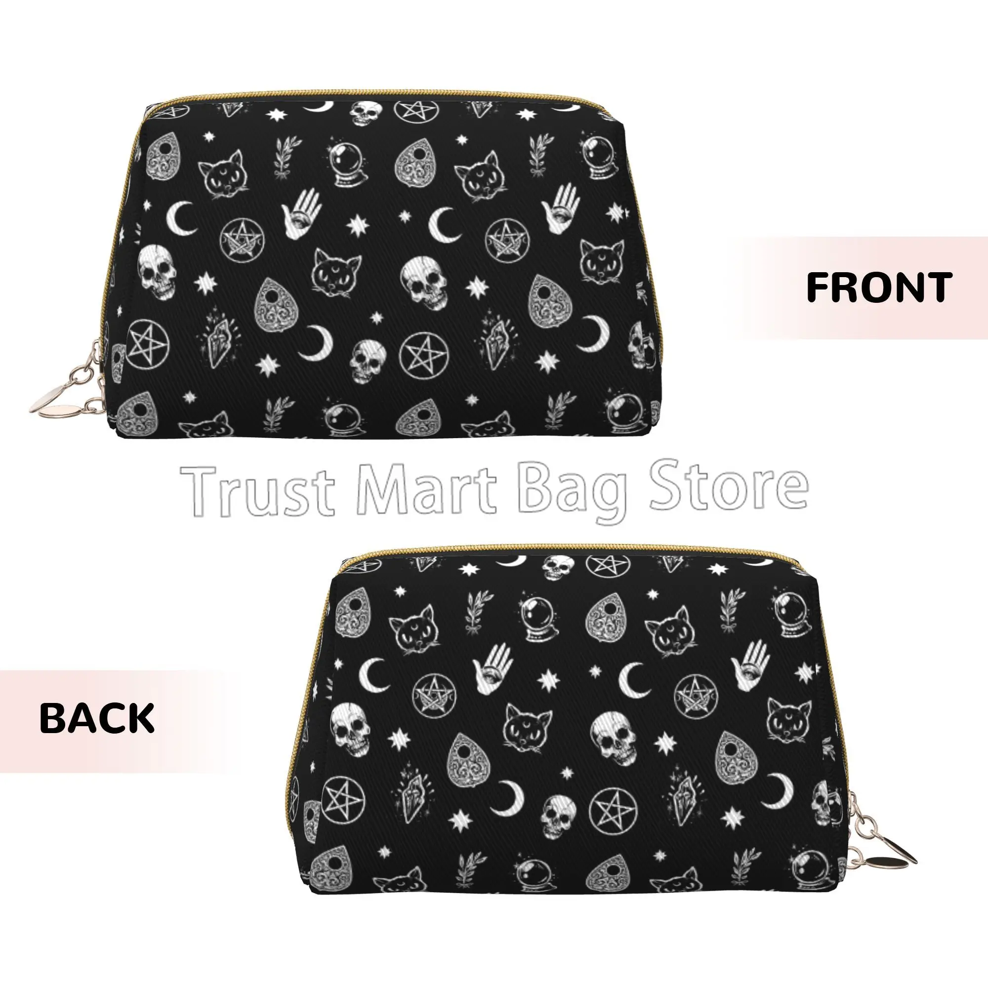 Black Witch Skull Moon Divination Large Makeup Bag Leather Travel Cosmetic Organizer Bag for Women Waterproof Toiletries Pouch