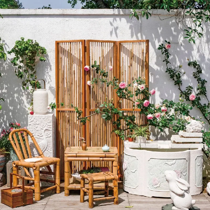 Outdoor Chinese courtyard landscaping teak outdoor bamboo screen, balcony garden partition Zen tea room ornament