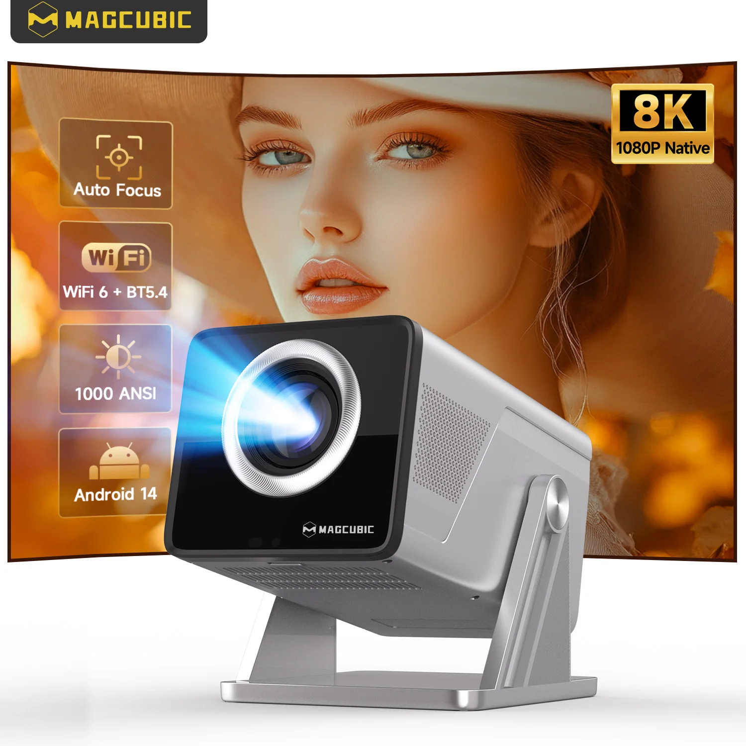Projecteur Magcubic X7 avec mise au point automatique, prend en charge le décodage 8K, résolution native 1080P et 1000 ANSI, avec Wifi6 BT5.4, projecteur vidéo pour cinéma maison