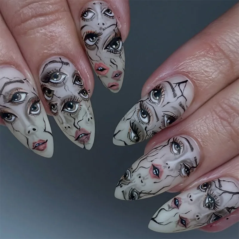 

24PCS Halloween Wear Armor New Style Horror Eyes Exaggerated Pattern Expression Nail Art Nail Piece Almond Wear Armor False Nail