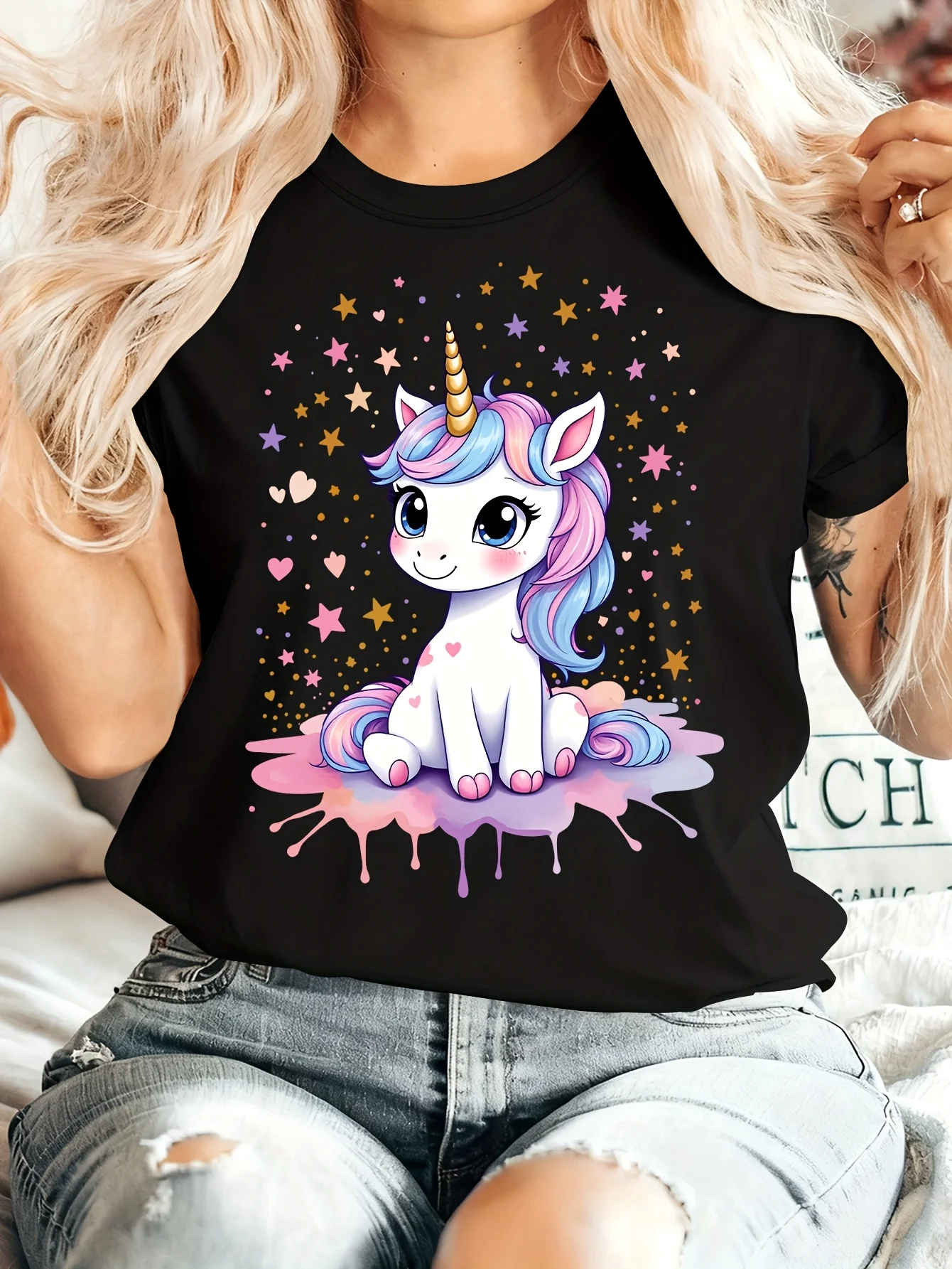 Women Crew Neck Tee Cute Rainbow Unicorn Star Heart Splash Graphic Print Short Sleeve Loose Ladies Cotton Plus Size Casual Top
