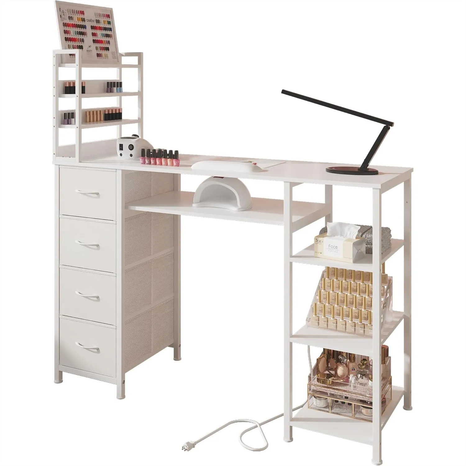 

Manicure Table Nail Desk with Drawers and Power Outlet, 4-Tier Shelves for Beauty Salon Home Workshop White