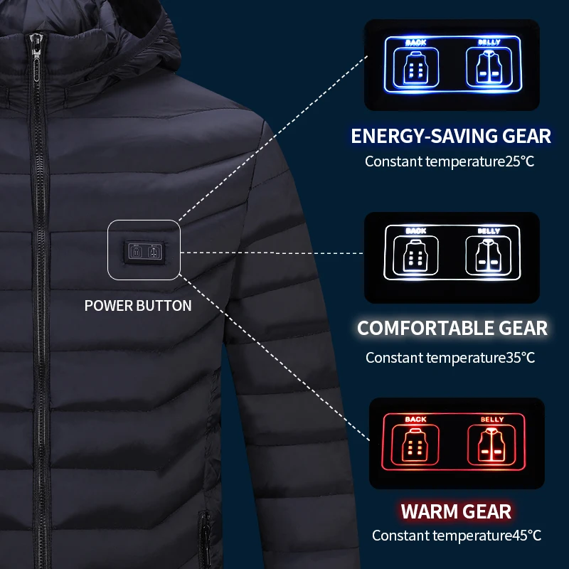 Men Winte Double switch 11 zone heating USB Heating Jackets Smart Thermostat Hooded Heated Clothing Warm Jackets