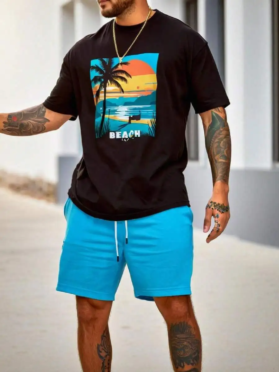 

Mens Beach Tropical Print Cotton T-Shirt Short Sleeve Casual Summer