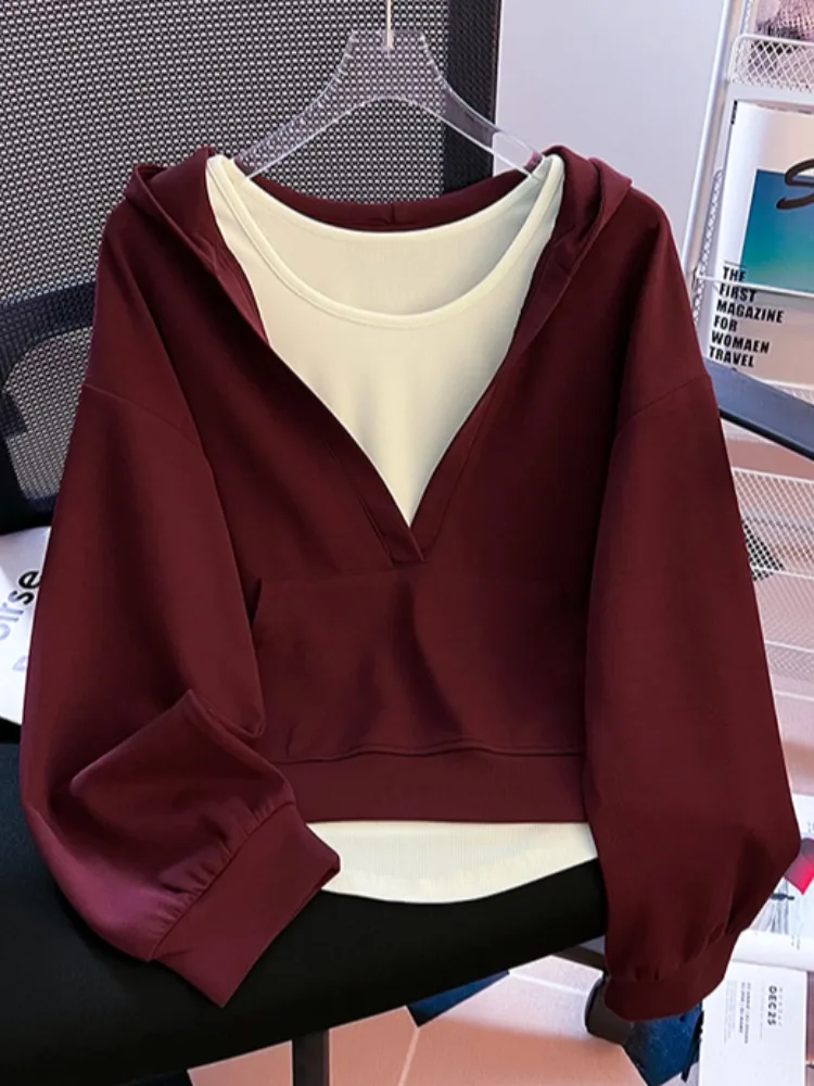 Pure Cotton White Strap Vest Hooded V-Ne Sweatirt Two-Piece Set Women Spring Autumn Top Original Design Loose Fit Long Sl...