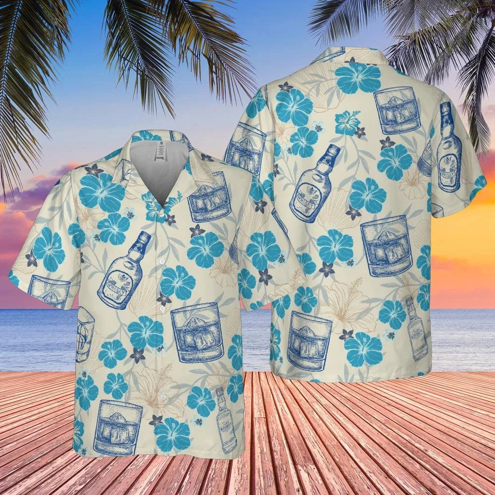 

New Mens Whiskey Bottle Glass Hawaiian Shirt Blue Hibiscus Floral Print Short Sleeve Casual Beach Tops For Drinking Lovers