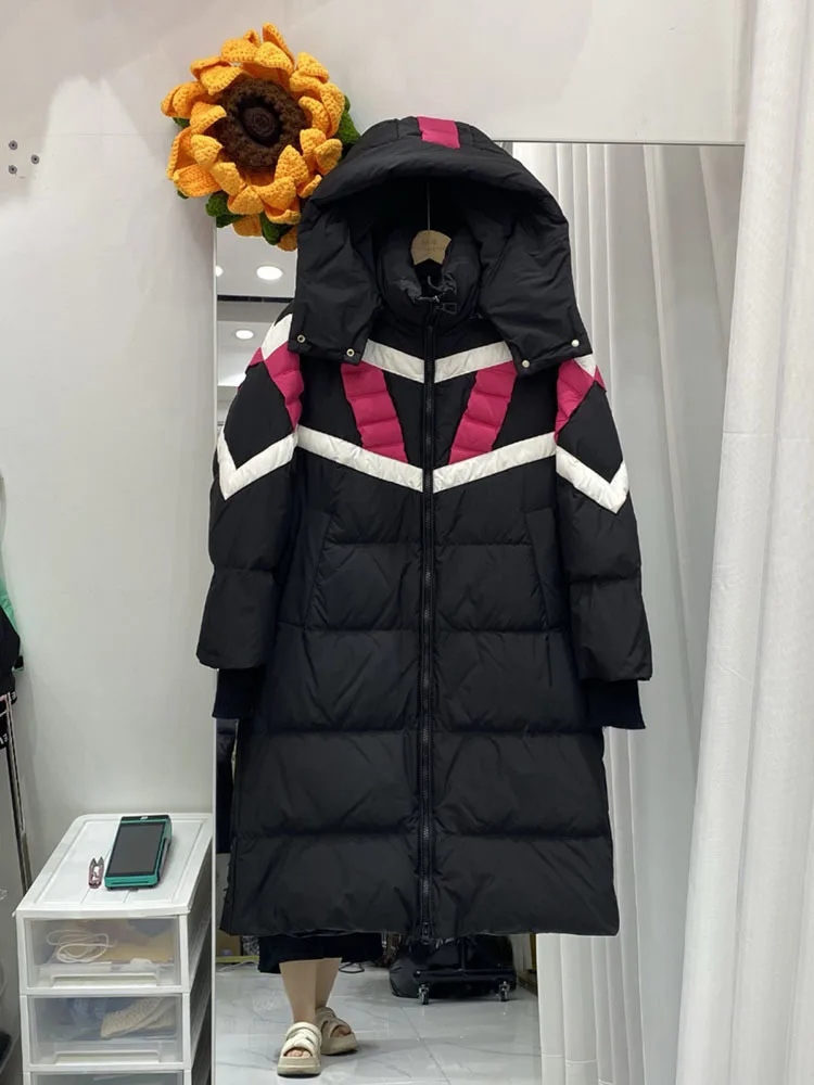 Down jacket winter women 2024 new fashionable color blocked knee length hooded white duck down jacket versatile and slim