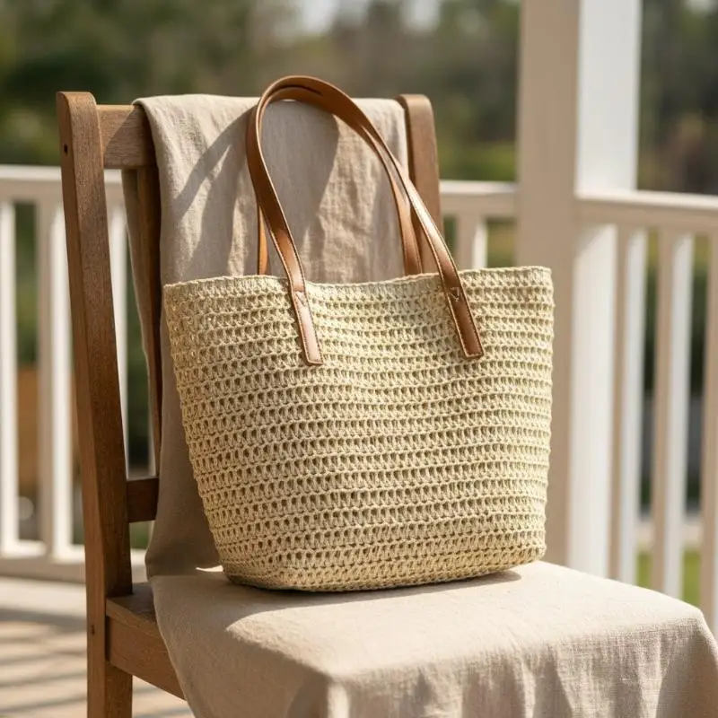 1 Stück Böhmische Sommermode Stroh-Strandtasche Handgewebte Damen-Schulterhandtasche Reise-Shopper Gewebte Einkaufstaschen – Detail 3