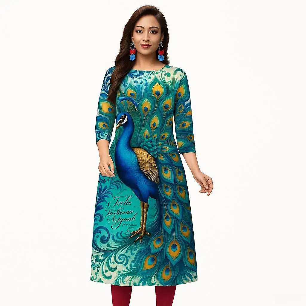Kurt Women's Fashion Comfortable Long Sleeve Straight Casual Ethnic Round Neck Peacock Pattern New Dress.