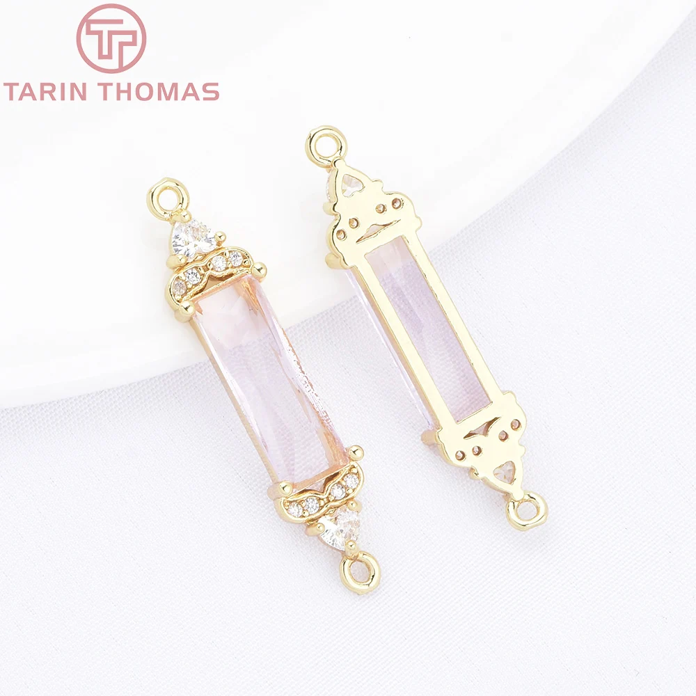 (9903) 6PCS 7x32MM 18K Gold Color Brass with Zircon Rectangular Double Hole Pendants High Quality DIY Jewelry Making Findings