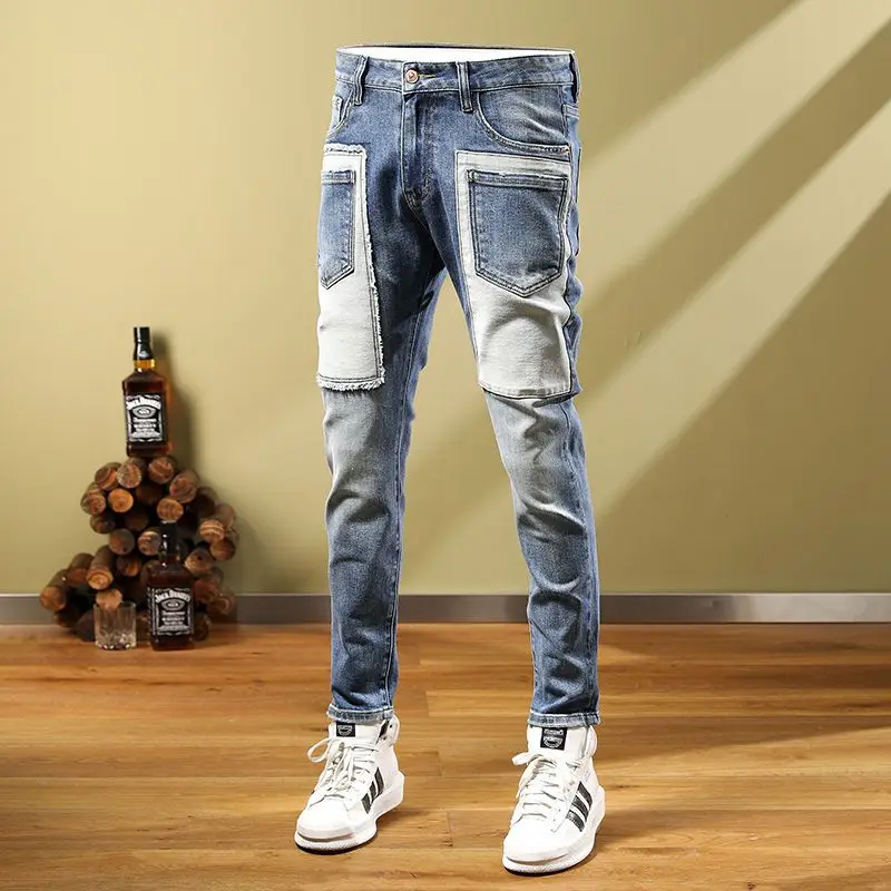 2022 Trendy fashion patch trend jeans for men slim casual scraped stretch pants feet  men jeans  ripped jeans
