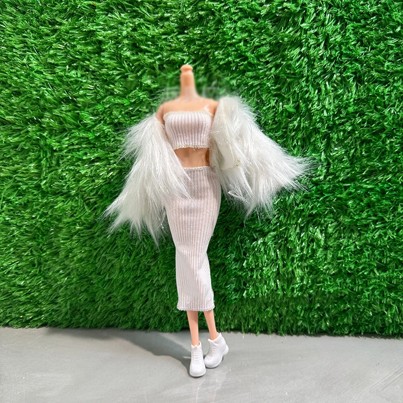 1세트 30CM 인형 옷 패션 퍼 코트 + 가슴부분 + 허리부분 스커트 세트 패션 1/6 인형 드레스업 의류 액세서리 놀이집 장난감