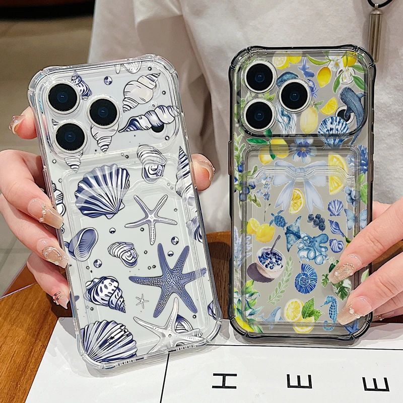 

Card Slot Bag Clear Phone Case For iPhone 17e 17 Pro Max 16 15 14 13 Pro Max 16e 11 Shark Shell Pattern Soft Silicone TPU Cover