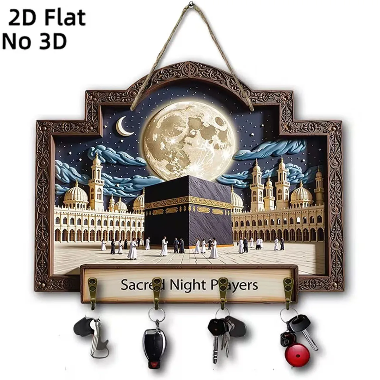 Wooden Kaaba Mosque Key Holder Wall Decor 2D Flat Print Wall Mount Key Rack for Entryway Home Decoration
