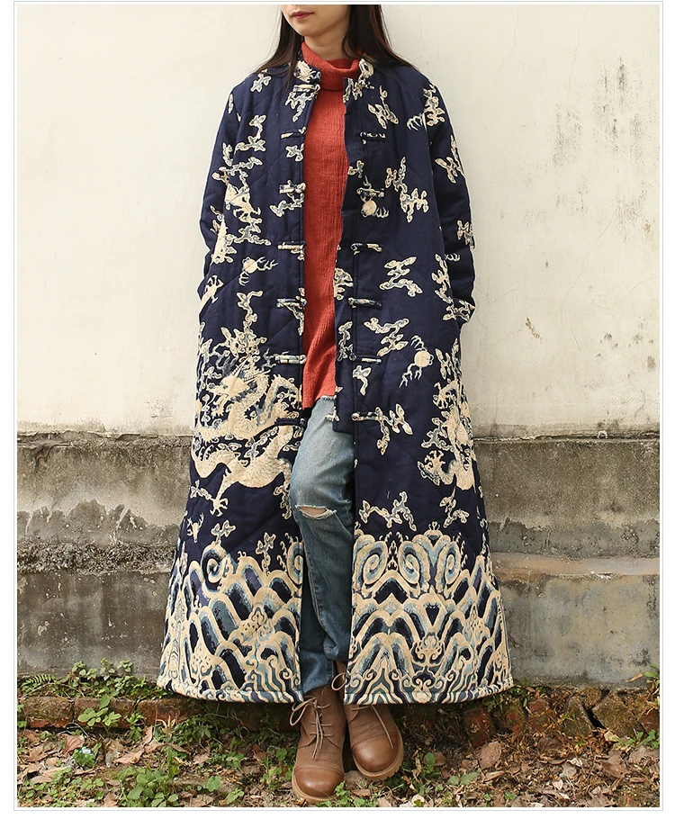 LZJN-Long Quilted Jacket for Women, Cotton Padded Coat, Vintage Chinese Dragon Trench, Warm Outerwear, Maxi Coat, Winter