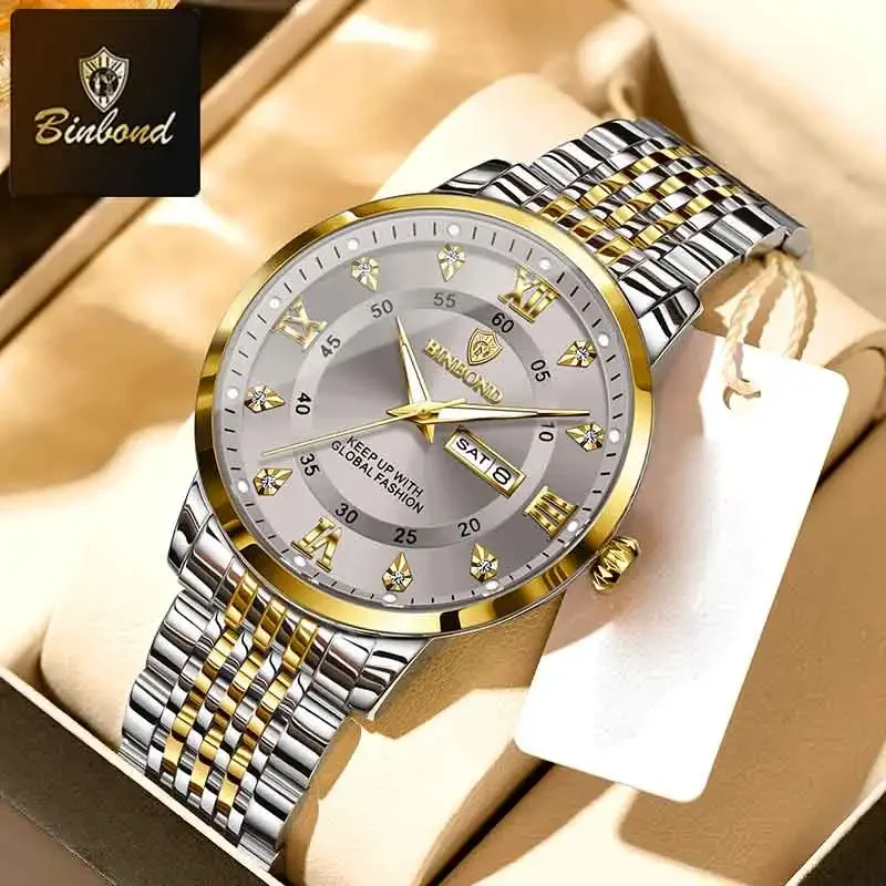 

BINBOND Топ Роскошные Деловые Мужские Кварцевые Наручные Часы Водонепроницаемые Светящиеся Дата Повседневные Часы Модные Мужские Часы Из Нержавеющей Стали