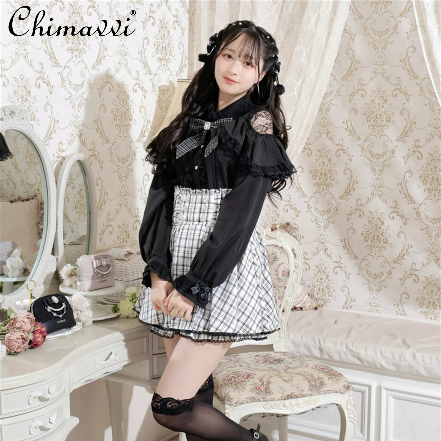 和菓子系可愛い地雷シリーズ量産型リボン付き長袖シャツ2025秋新作レース長袖ロリータブラウストップ