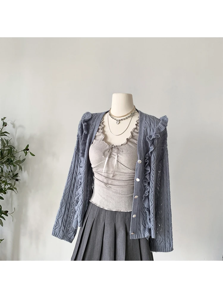 High Quality Fashion 2 Piece Set Women Office Lady V-Neck Long Sleeved Knitted Cardigan+Gyaru Kawaii Tank Top Y2K Autumn Winter