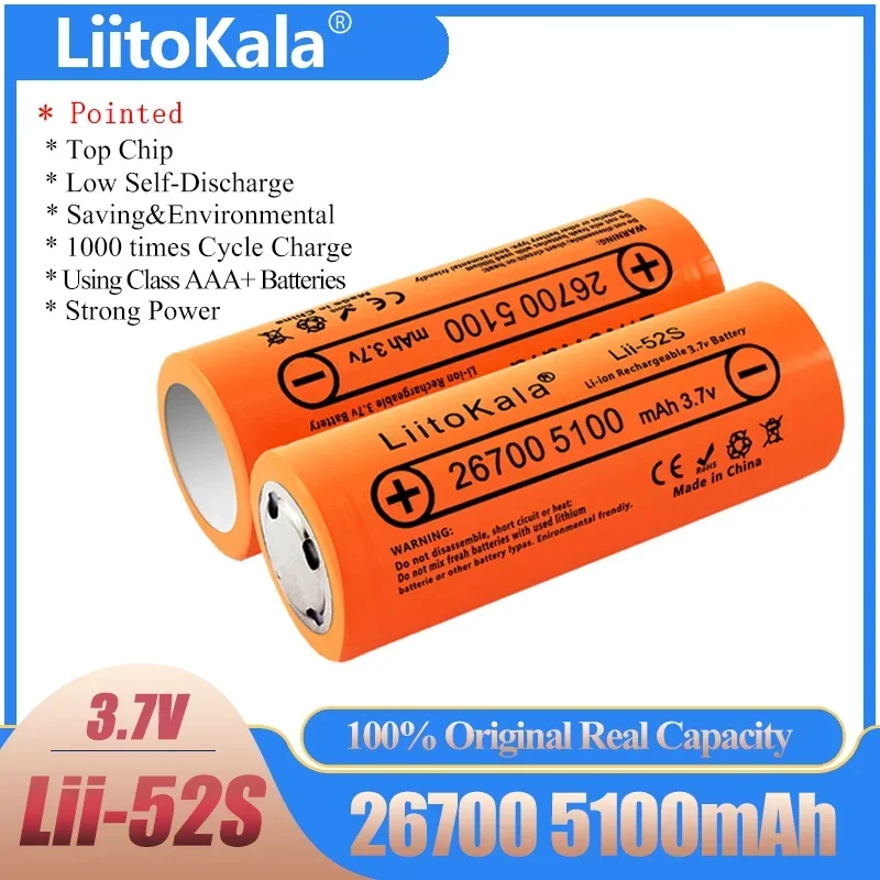 

LiitoKala Lii-52S класс A 3,7 В 26700 5200 мАч 20 А литиевая аккумуляторная батарея для фонарика