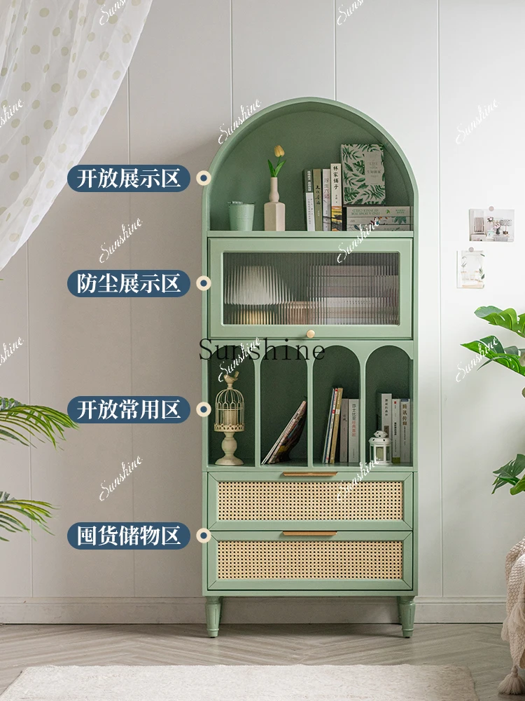 Arched bookcase rattan frame floor-to-ceiling dining edge green storage Japanese study file  FT