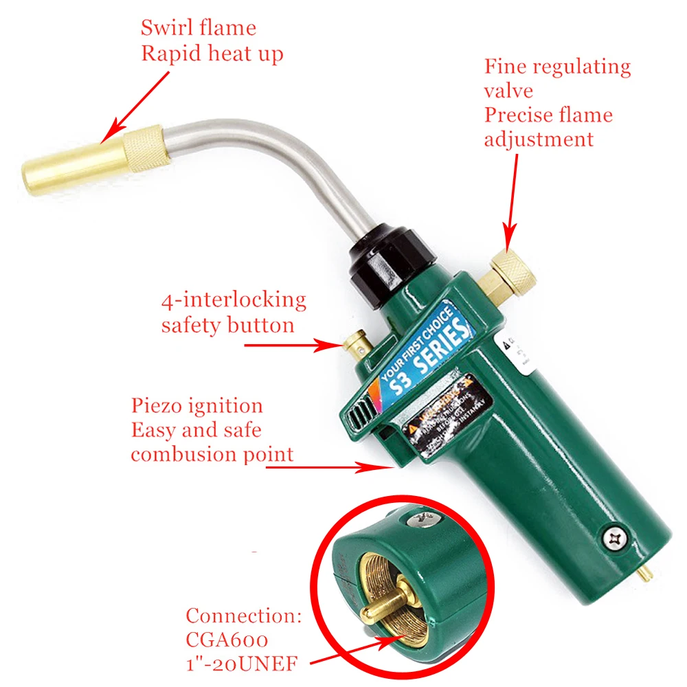 Braze Welding Torch Self Ignition Piezo Trigger CGA600 Heating Solder Burner 1.5meter hose MAPP Propane Gas Torch