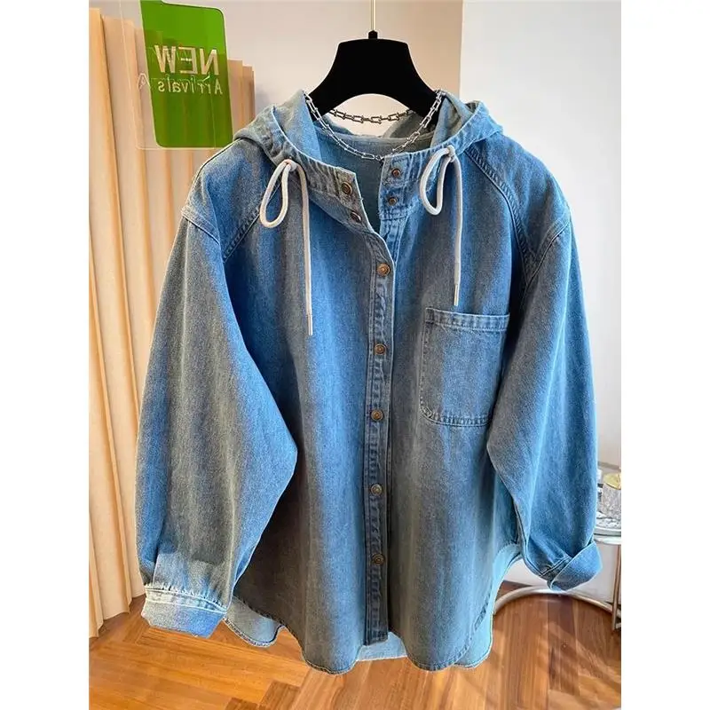

Extra Large 300 Pou Hooded Denim irt Jaet ex Spring Autumn Loose Open Cardigan Waed Hoodie Top American Casual
