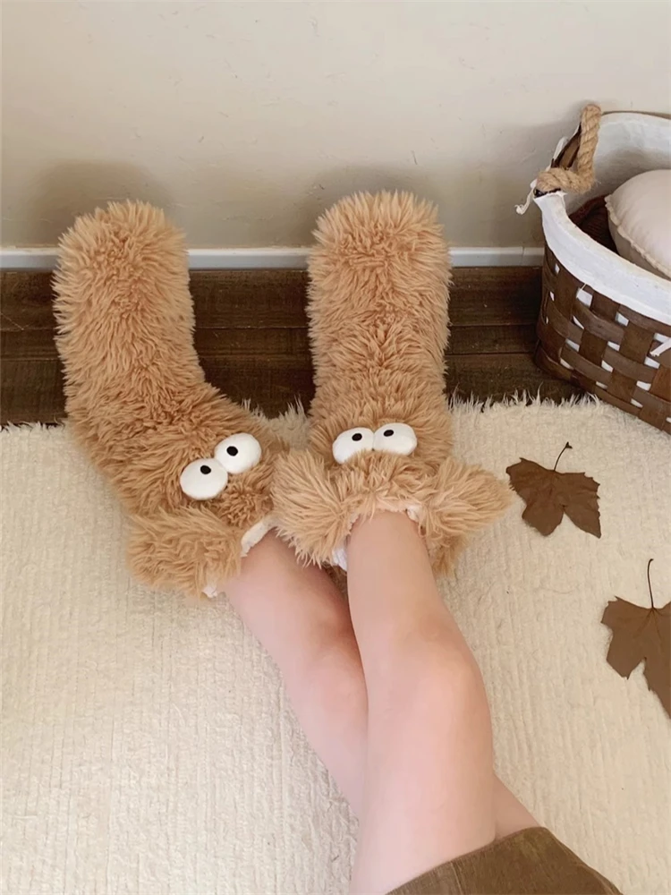 Funny Mid Tube Socks Dragging Women Floor Slipper Winter Cute Big Eyes Comfortable Warm Sleeping Floor Indoor Household Slippers