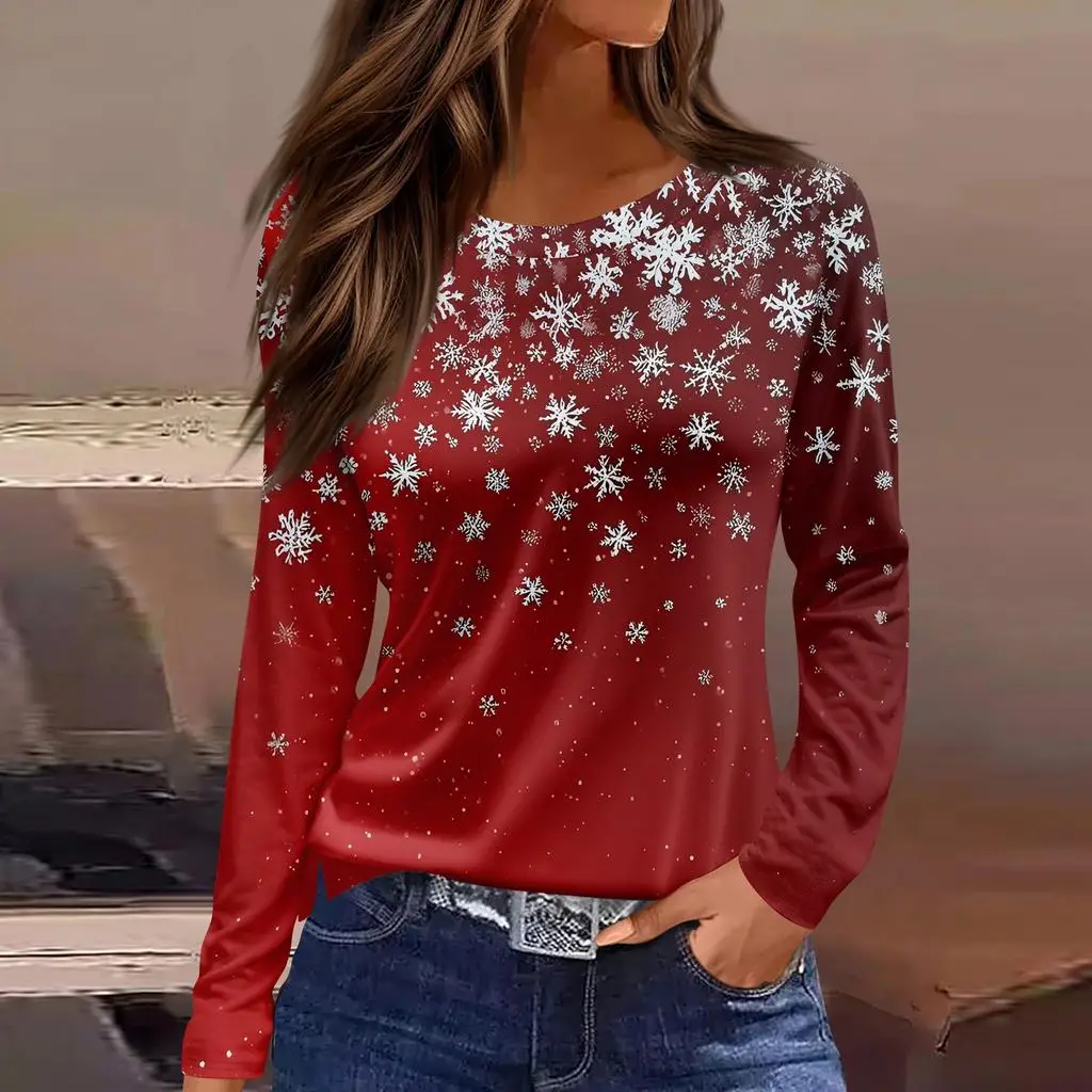 Kerst stijl dames 3D sneeuwvlok print trui ronde hals lange mouwen T-shirt feestelijke kleur casual losse herfst top