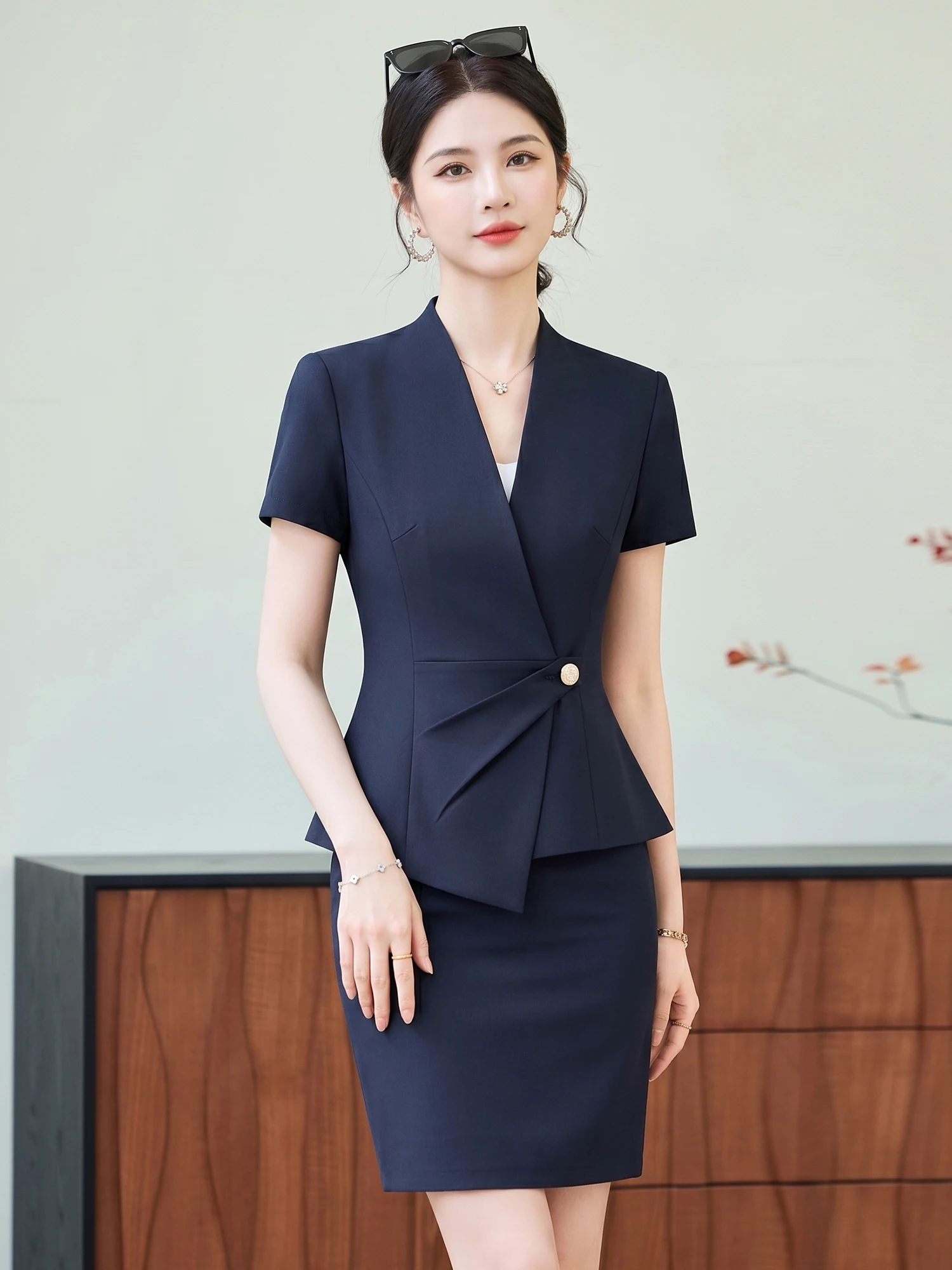 

Blue Short Sleeve Professional Suit Set for Women Summer Thin Hotel Work Uniform Commute OL Beauty Salon Workwear