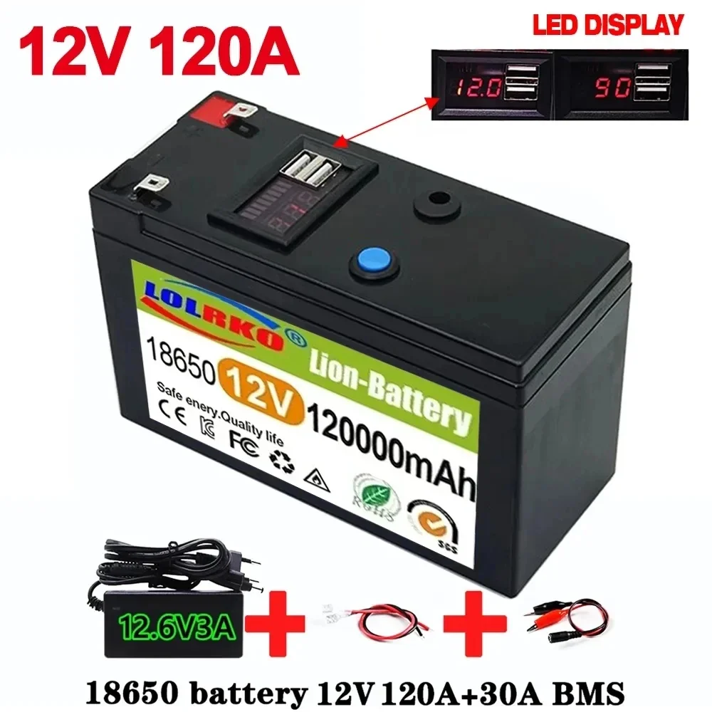 

2024 Upgraded LiFePO4 Lithium Battery 12V 120Ah Portable Rechargeable Battery Built-in 5V 2.1A Usb Power Display Port Charging