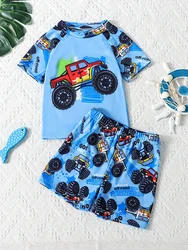 2 Piece Boys Summer Cartoon Car Print Short Sleeve Swimsuit and Swim Suit