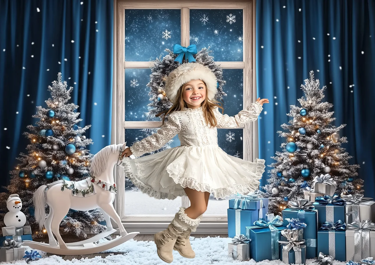 Christmas Backdrop White Winter Trees Wreath Presents Rocking Horse Snowman Blue Curtain Night Background Photo Studio Photocall