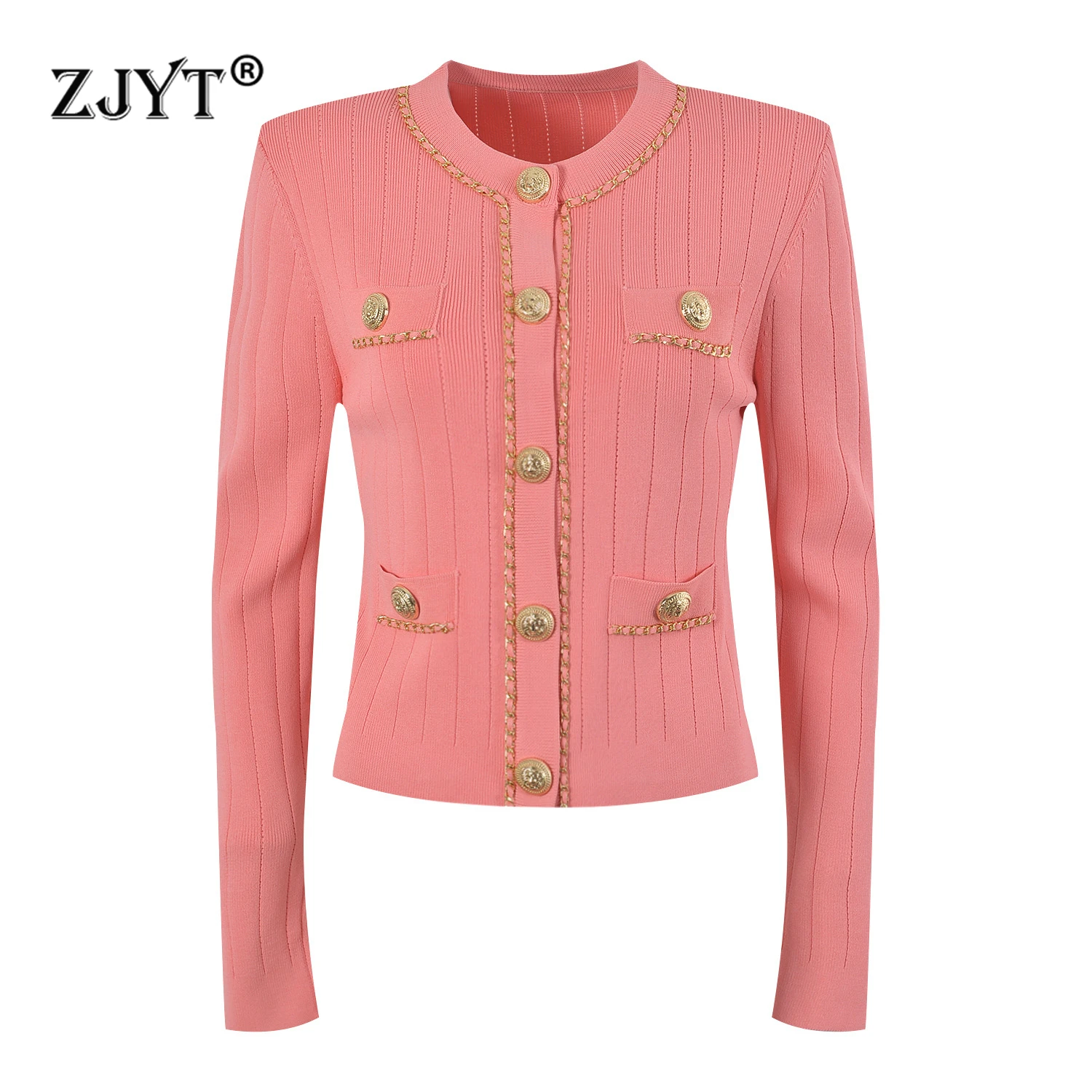 ZJYT Autumn Winter Chain Patchwork Cardigan Sweaters for Women Long Sleeve Knitted Tops Pink Jersey Mujer Fashion 2024 New