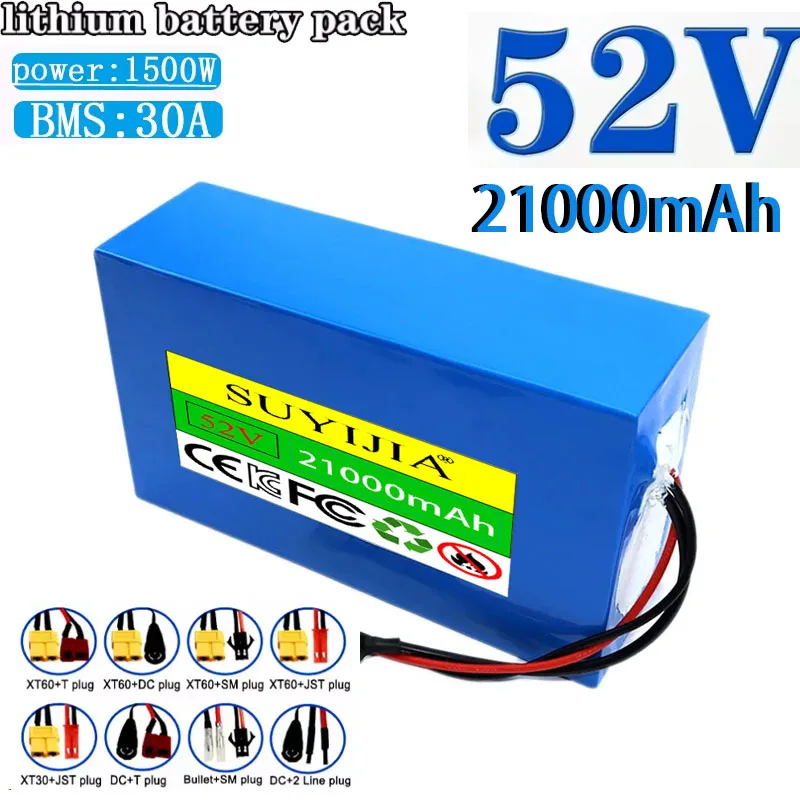새로운 리튬 배터리 팩 52V 21Ah 18650 14S6P, BMS 밸런스드 30A 통합 0-1500W 고전력 전동 공구, 비상 배터리