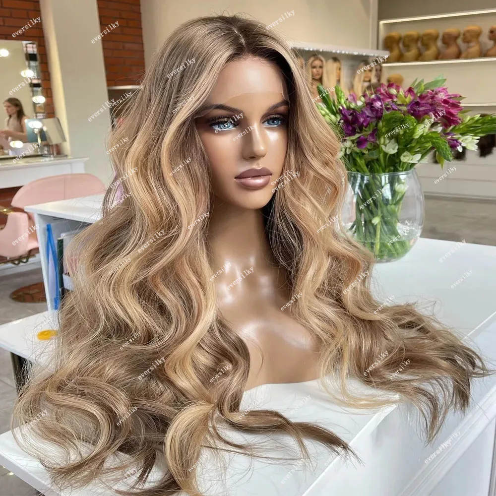 Highlights Ash Blonde Full Lace Human Hair Transparent HD 360 Frontal Wigs Ombre Balayage Strawberry Brown Wavy 5x5 Lace Closure