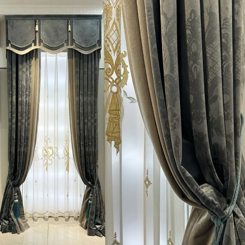 

Custom European Retro high villa elegant thick luxury Velvet embroidered grey cloth blackout curtain tulle valance drape M1738