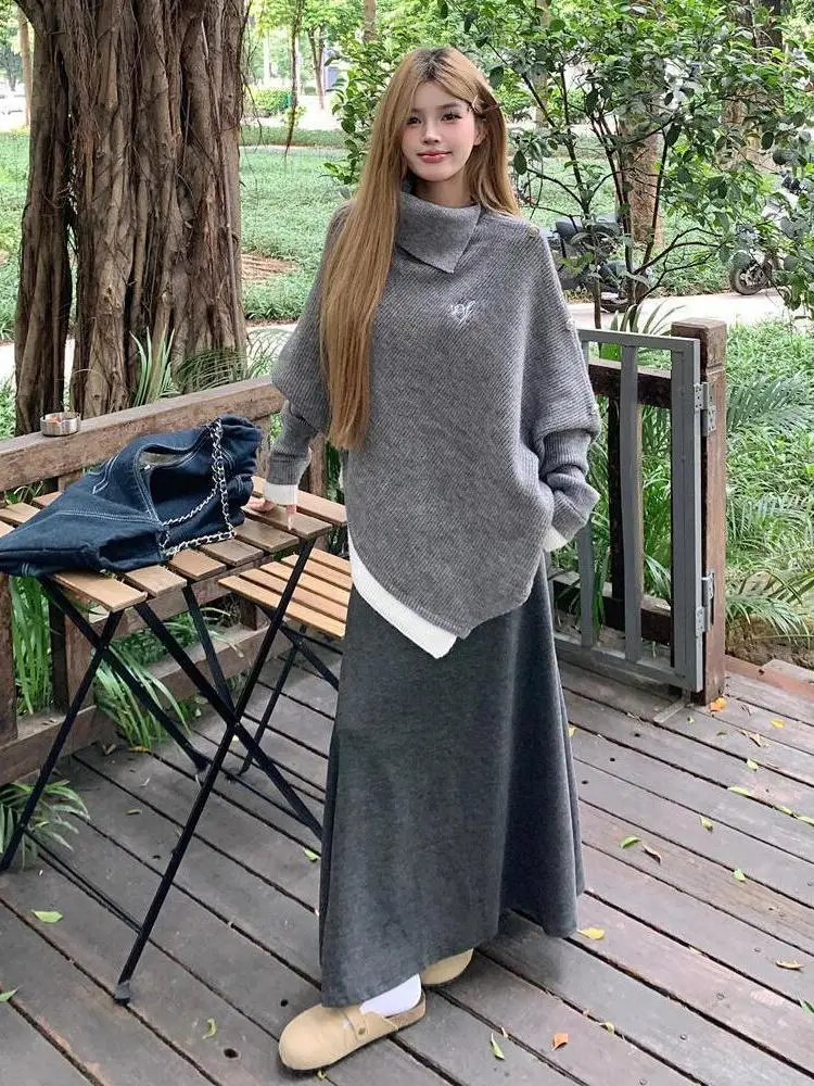 

Корейский комплект с асимметричным свитером и юбкой в Корейском стиле, женский комплект свободного покроя, модный студенческий ансамбль, зимняя повседневная одежда