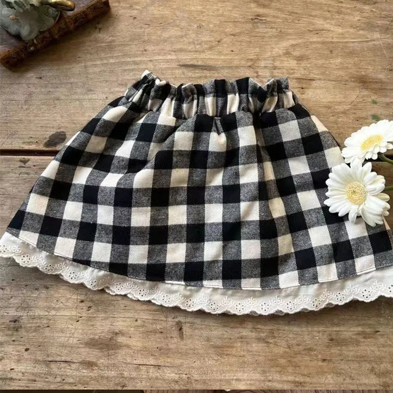 Baby Clothes Autumn Baby Girl Lace Skirt Cute Flower Embroidery Toddler Princess Skirts 0-2Y Infant Girls Plaid Skirt