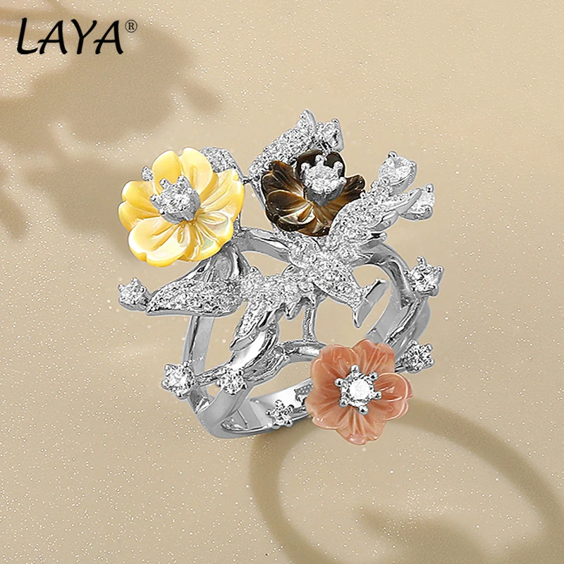 LAYA Ring For Women Finger Ring Red Yellow Black Natural Shell Flower Shining Zircon 925 Sterling Silver anillos Fashion Jewelry