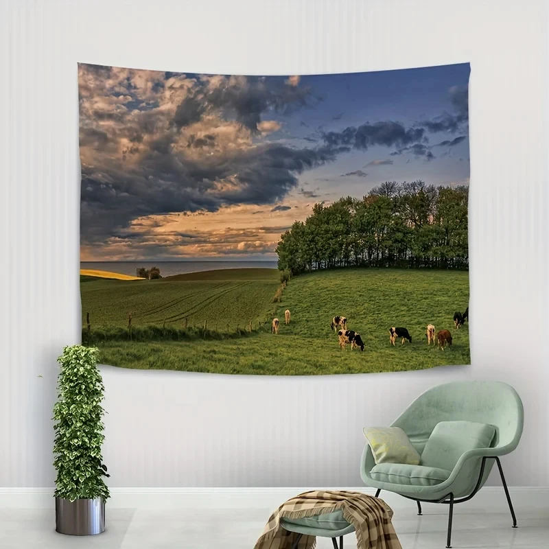 VIKAMA Tapisserie murale Paysage campagnard avec vaches, art mural nuageux de coucher de soleil sur pâturage vert pour chambre à coucher, salon, décoration de ferme