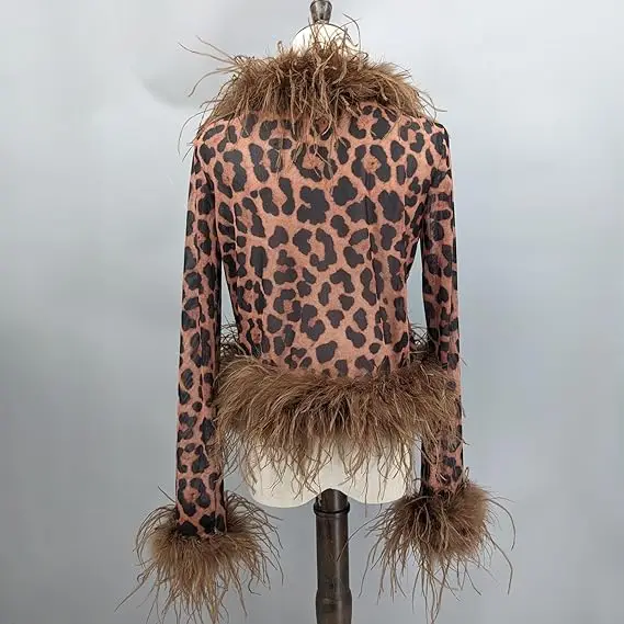 Women See-Through Top with Real Ostrich Feather Brown Black Cropped Jacket Top Bolero 240711