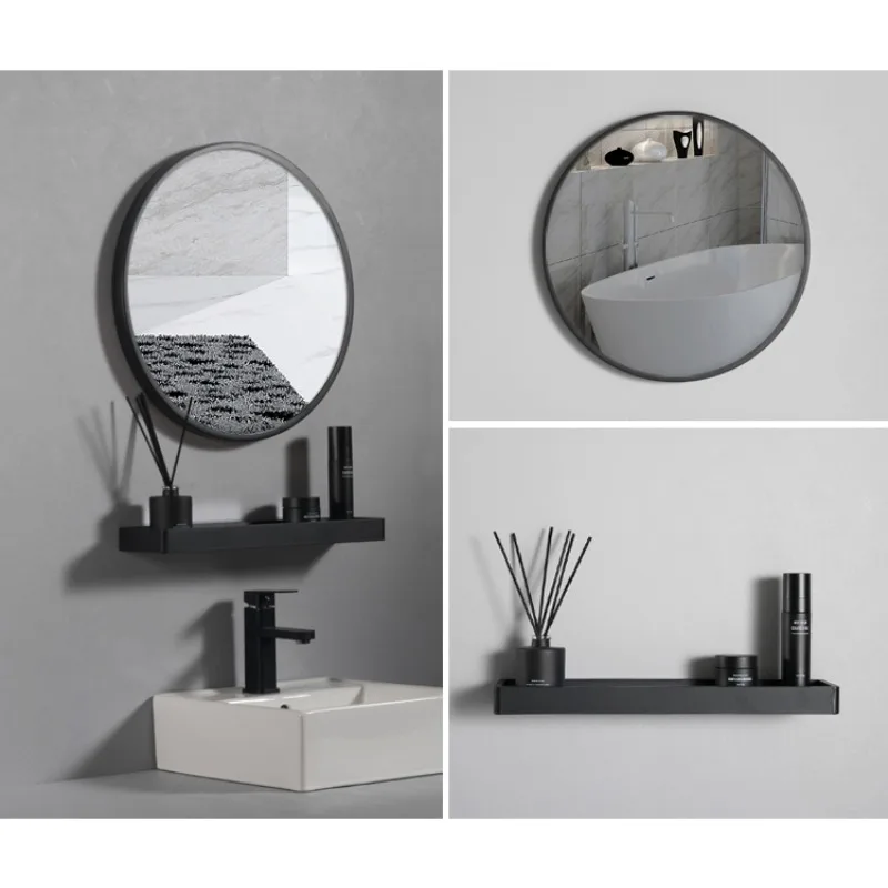 Simple Bathroom Round Mirror Toilet Space Aluminum Round Mirror Cosmetic Mirror Wall Hanging Non-punching Bathroom Mirror Vanity