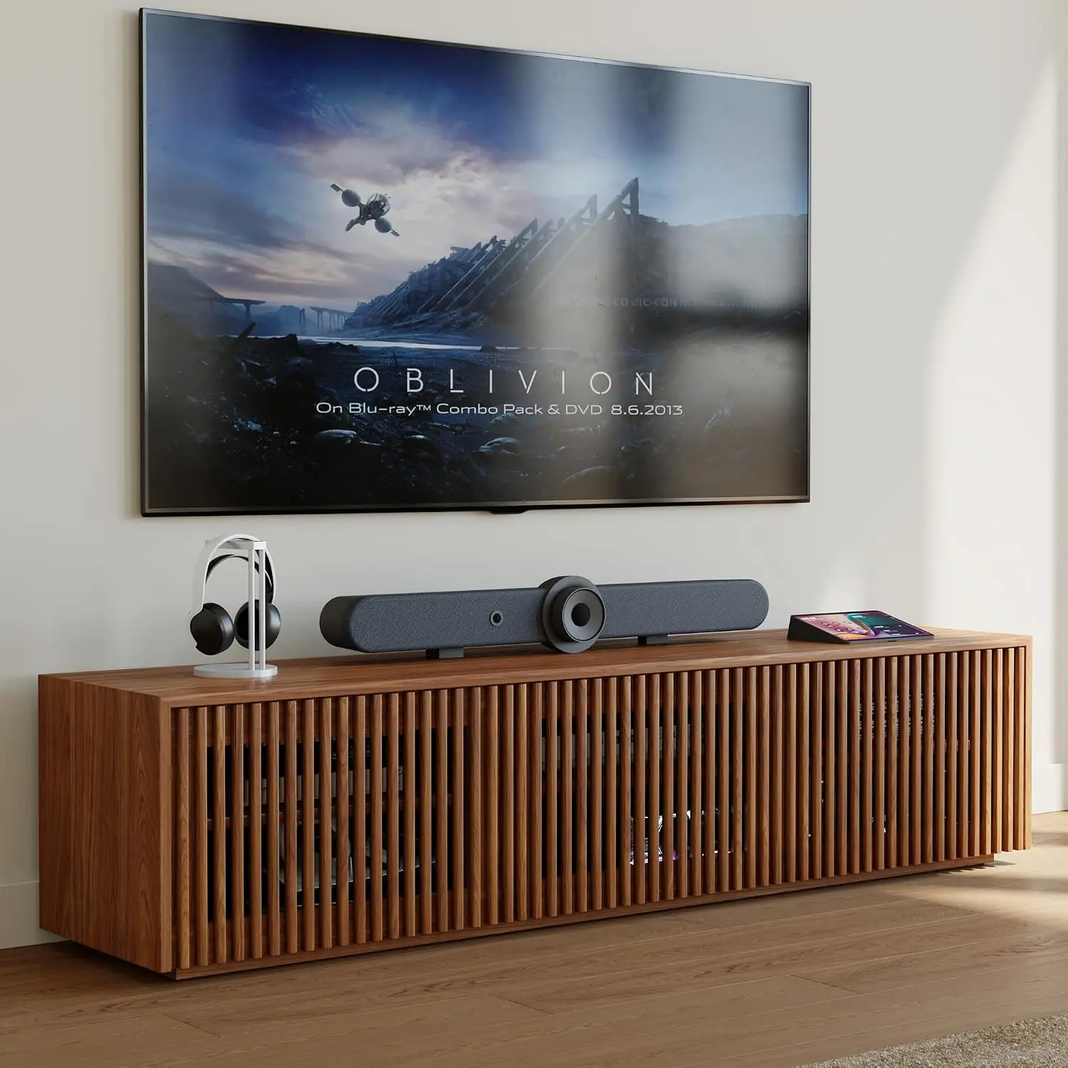 Full Assembled Mid Century Modern TV Stand, Wood Slatted Media Console for 65 inch TV, Entertainment Center with Storage for Liv