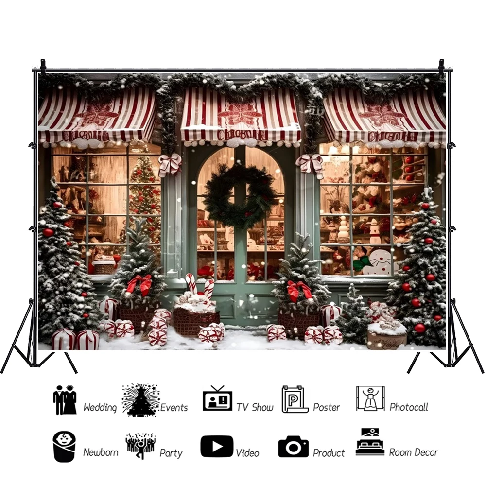 Weihnachten Candy Store Hintergrund Weihnachts baum Geschenke Spielzeug Schaufenster Winter Schneemann Baby Porträt Fotografie Hintergrund Fotostudio