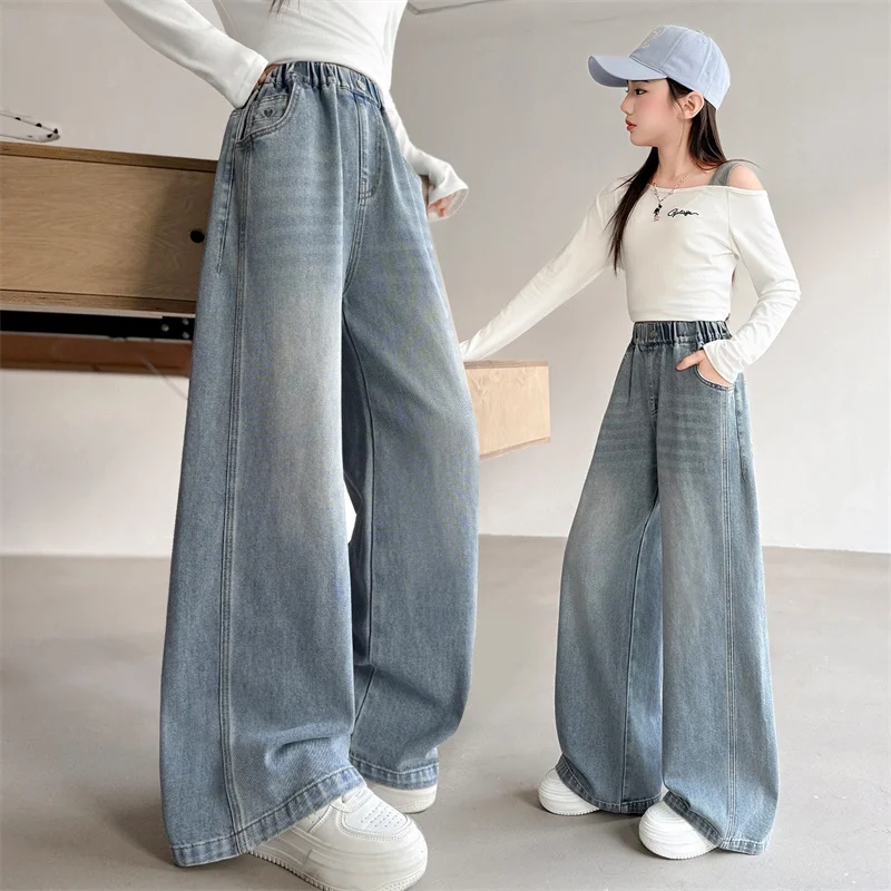 

Soft Cotton Children Solid Pants for Teenage Girls 2026 Korean Style Loose Jeans Casual Simple Wide Leg Trousers for 5-14Y Kids