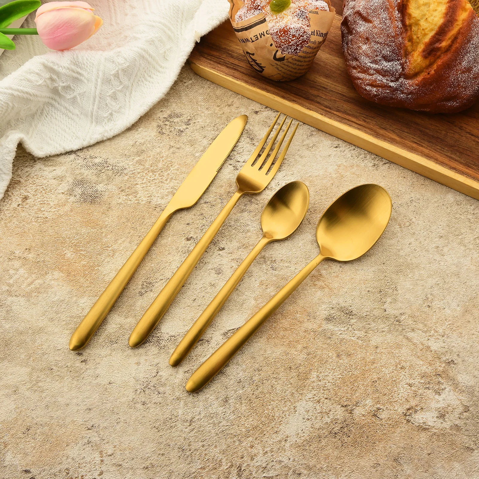 Gold 16Pcs Stainless Steel Dinnerware Set Knife Fork Spoons Teaspoons Flatware Matte Kitchen Western Complete Tableware Set