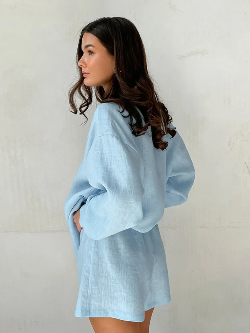 Marthaqiqi Cotton Women Sleepwear 2 Piece Suit Long Sleeve Nightgowns Turn-Down Collar Pajamas Shorts Casual Ladies Home Clothes