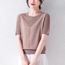 Female Clothing Casual O-Neck Pullovers Basic Solid Color Summer Thin Commute Tops Stylish Hollow Out Spliced Knitted T-shirt