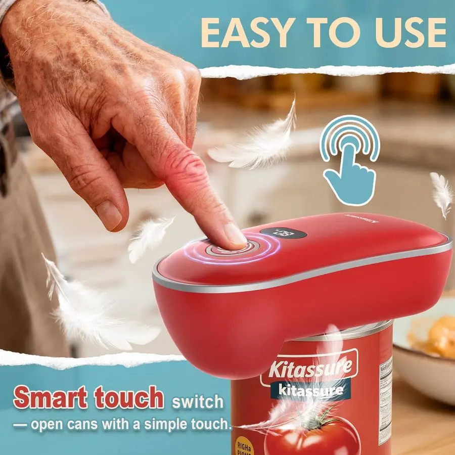 OneTouch Rechargeable Electric Can Opener Easy Flex Side Cut All Can Sizes with LED Display and Smooth Edge Safety for Arthritis